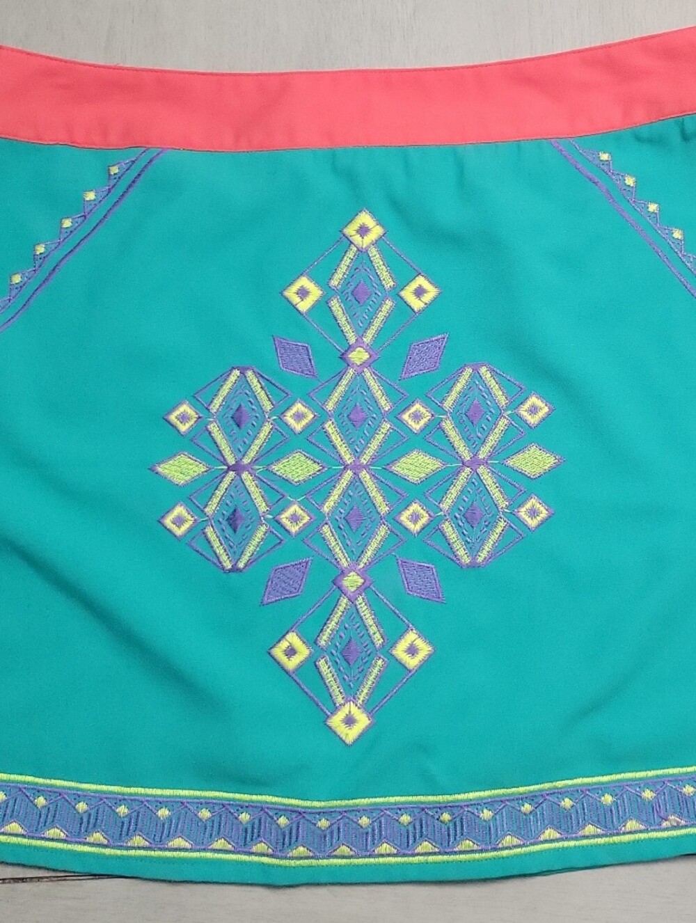 Flying Tomato Teal Mini Skirt with Coral Waistband and Purple Embroidery